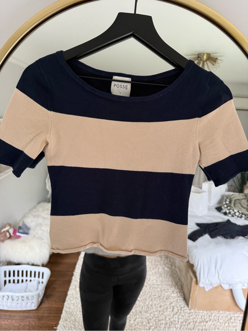 Posse Navy and Beige Striped Short Sleeve Top - Scoop Neck